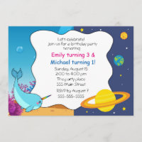 Narwhal planets kids birthday invitation joint