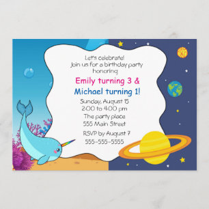 Narwhal planets kids birthday invitation joint