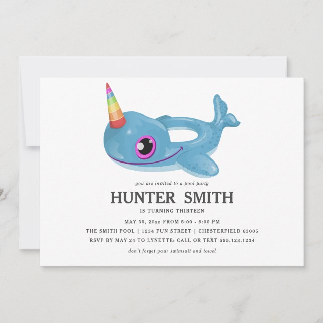 Narwhal Pool Float Birthday Pool Party Invitation (Front)