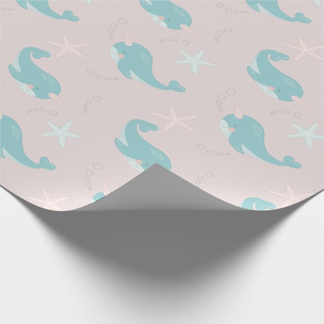 Narwhal & Starfish Pattern Light Pink Wrapping Paper (Corner)