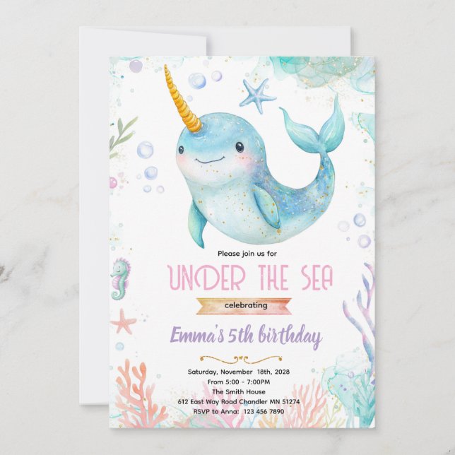 Narwhal theme party invitation (Front)