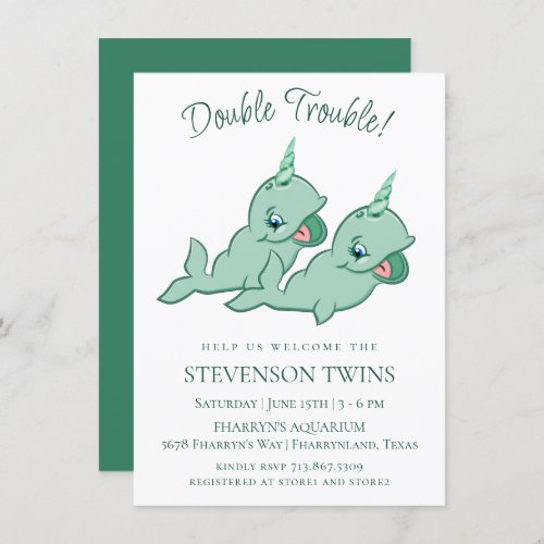 Narwhal Twins  Cute Mint Chibi Cartoon Shower Invitation