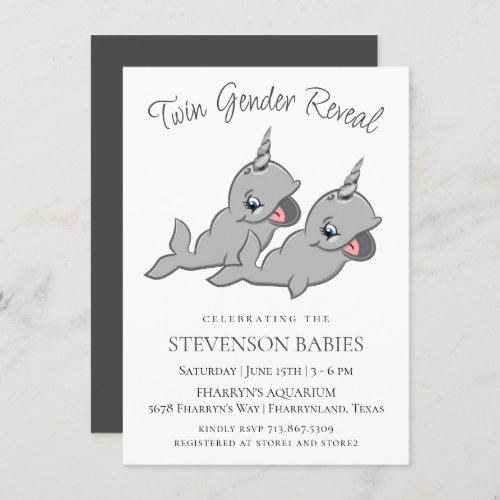 Narwhal Twins  Gray Chibi Cartoon Gender Reveal Invitation