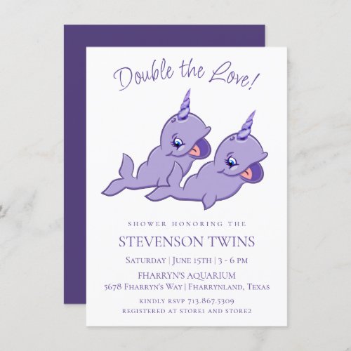 Narwhal Twins  Purple Cute Chibi Cartoon Shower Invitation