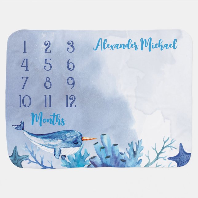 Narwhal Under the Sea Baby Milestone Blanket (Horizontal)