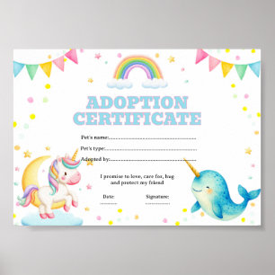 Narwhal unicorn adopt a pet coloring certificate poster