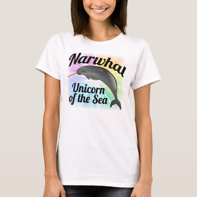 Narwhal Unicorn of the Sea, Cute Rainbow T-Shirt (Front)