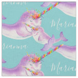 Narwhal watercolor art aqua custom name fabric
