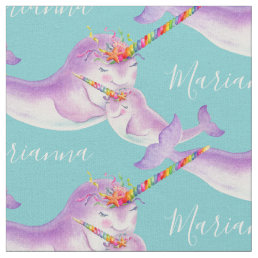 Narwhal watercolor art aqua custom name fabric