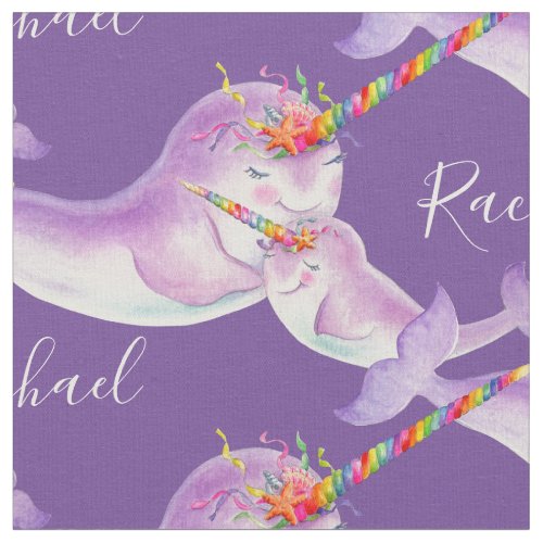 Narwhal watercolor art purple custom name fabric