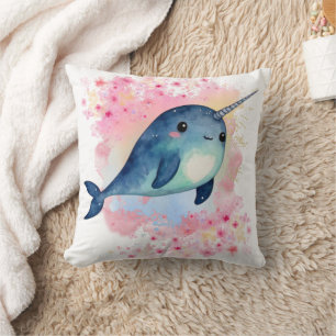 Narwhal Watercolor Floral Pink Print Throw Pillow