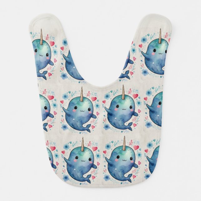 Narwhal Watercolor Heart Floral Print Baby Bib (Front)