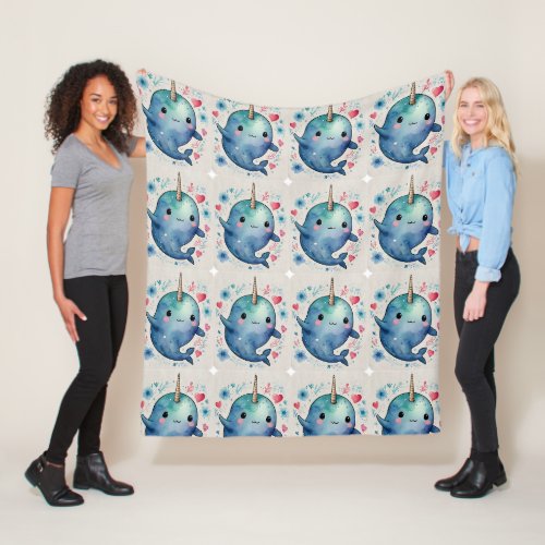 Narwhal Watercolor Heart Floral Print Fleece Blanket