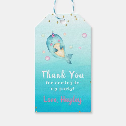 Narwhal Watercolor Pastel Girls Birthday Party  Gift Tags