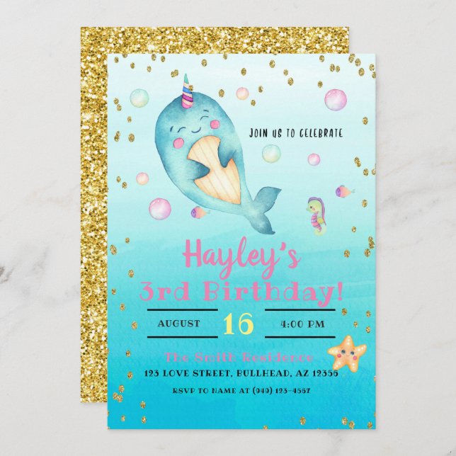 Narwhal Watercolor Pastel Girls Birthday Party Invitation (Front/Back)