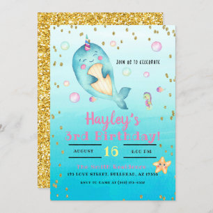 Narwhal Watercolor Pastel Girls Birthday Party Invitation