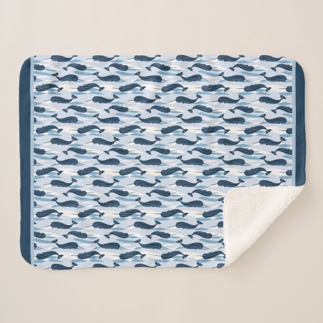 Narwhal Waves Allover Print Blue Sherpa Blanket (Front (Horizontal))