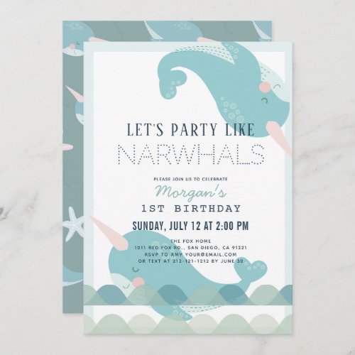 Narwhal Waves Sea Blue Boy 1st Birthday Invitation