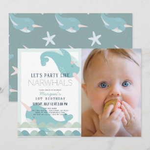 Narwhal Waves Sea Blue Boy 1st Birthday Photo Invitation