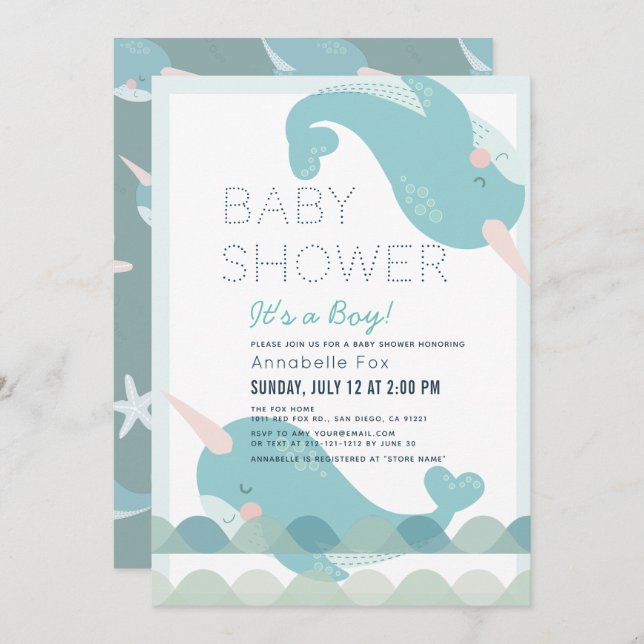 Narwhal Waves Sea Blue Boy Baby Shower Invitation (Front/Back)