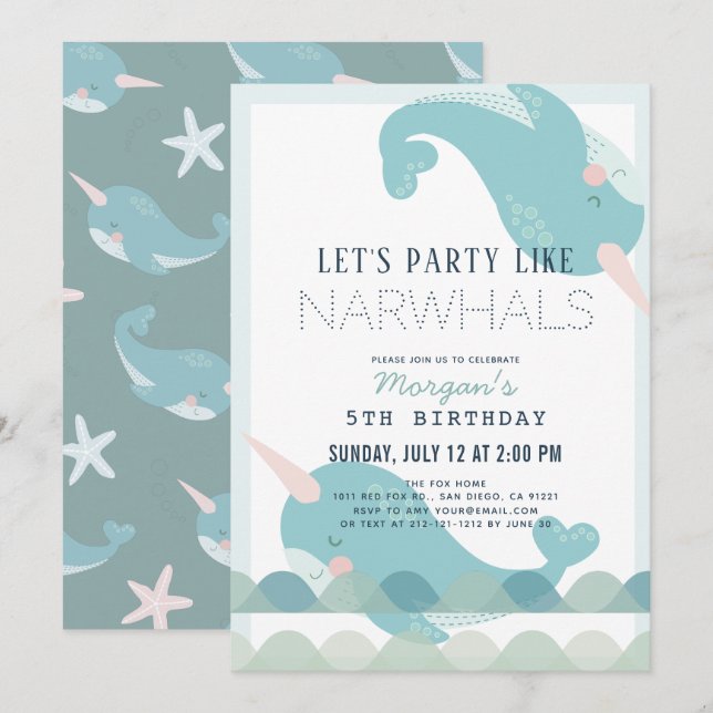 Narwhal Waves Sea Blue Boy Birthday Invitation (Front/Back)