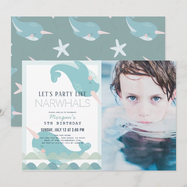 Narwhal Waves Sea Blue Boy Birthday Photo Invitation (Front/Back)