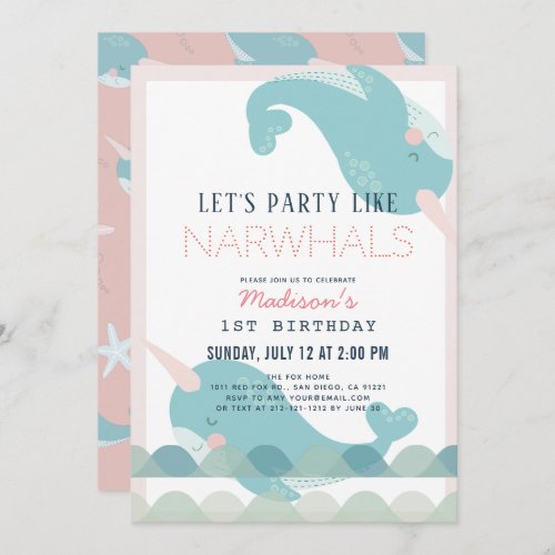 Narwhal Waves Sea Pink Girl 1st Birthday Invitation