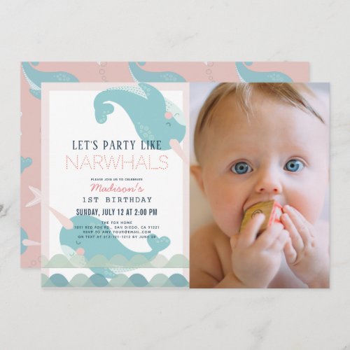 Narwhal Waves Sea Pink Girl 1st Birthday Photo Invitation