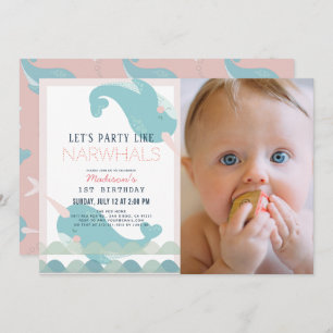 Narwhal Waves Sea Pink Girl 1st Birthday Photo Invitation