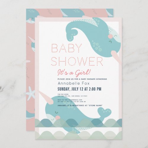 Narwhal Waves Sea Pink Girl Baby Shower Invitation
