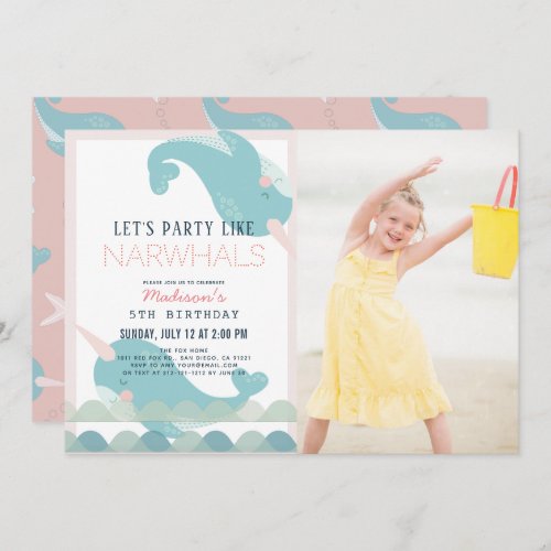Narwhal Waves Sea Pink Girl Birthday Photo Inv Invitation
