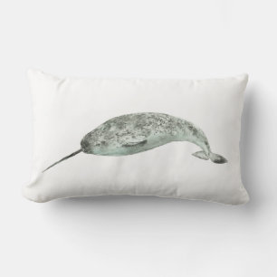 Narwhal whale watercolor lumbar pillow