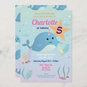 Narwhale Birthday Party Pool Beach Swim Narwhal Invitation