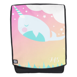 Narwhale Ocean Whale and Clouds Ombre Initial Name Backpack
