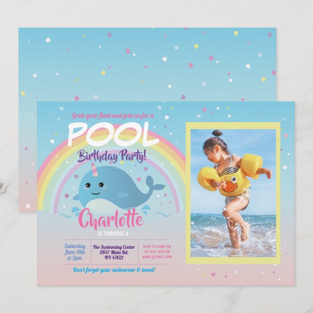 Narwhale Photo Pool Party Birthday Float Narwhal Invitation (Front/Back)