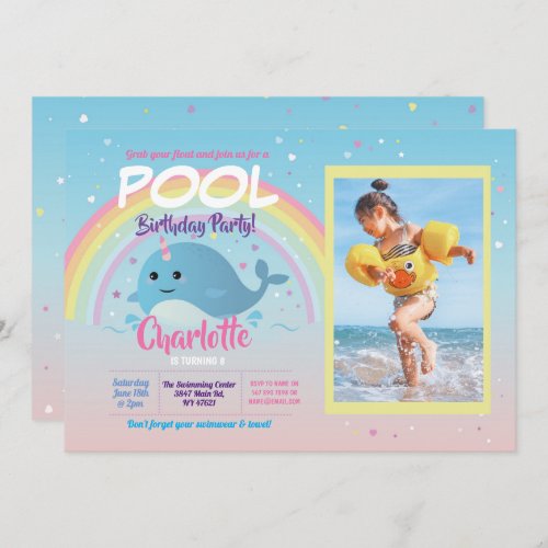 Narwhale Photo Pool Party Birthday Float Narwhal Invitation