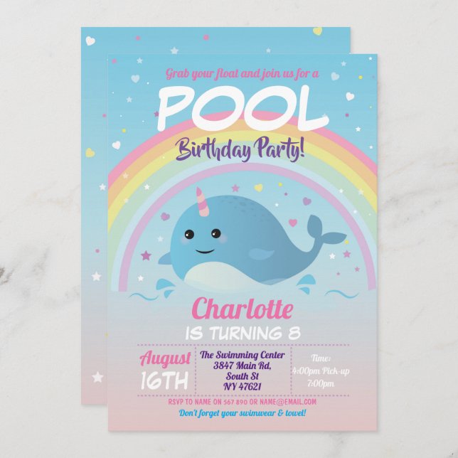 Narwhale Pool Party Birthday Beach Float Narwhal Invitation (Front/Back)