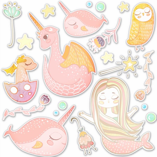 Narwhals, Mermaid, Dragon, Owl, Magical Friends Sticker (Front)