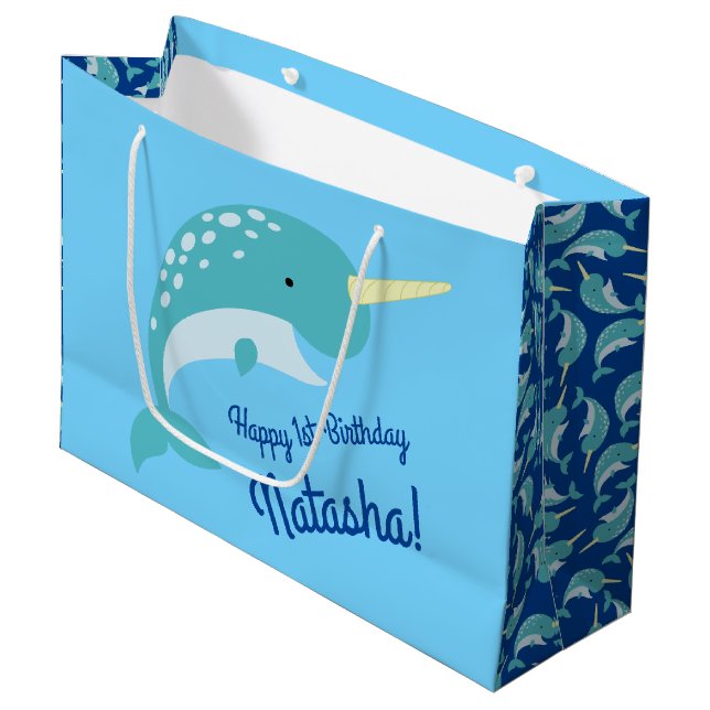 Narwhals Ocean Cute 1st Birthday Party Theme Large Gift Bag (Front Angled)