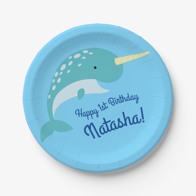 Narwhals Ocean Cute 1st Birthday Party Theme Paper Plates (Front)