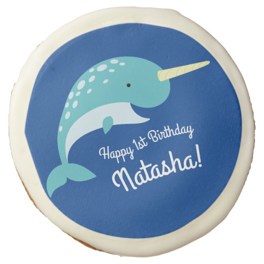 Narwhals Ocean Cute 1st Birthday Party Theme Sugar Cookie (Front)