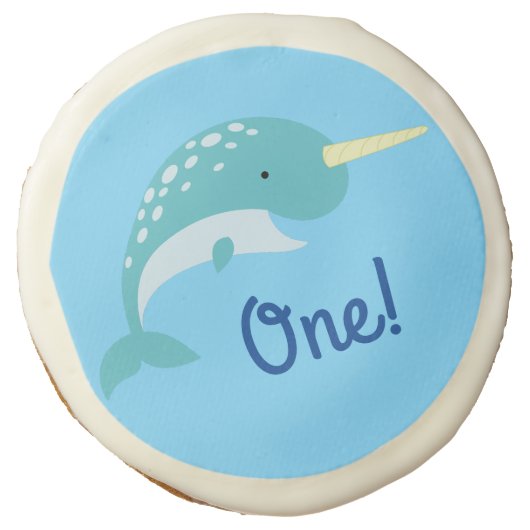 Narwhals Ocean Cute 1st Birthday Party Theme Sugar Cookie (Front)