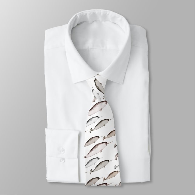 Narwhals Swim - Narwhal Pattern Whale Lover White Neck Tie (Tied)