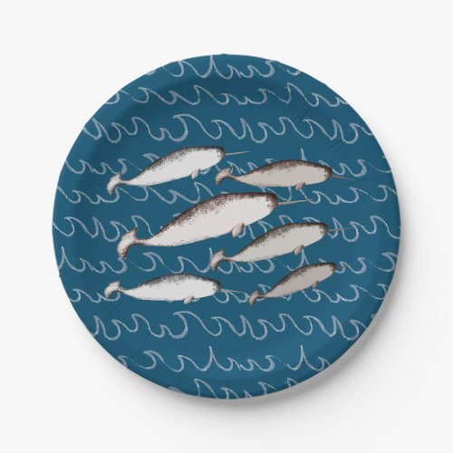 Narwhals Swim Waves Drawing Pattern Whale Blue Paper Plates