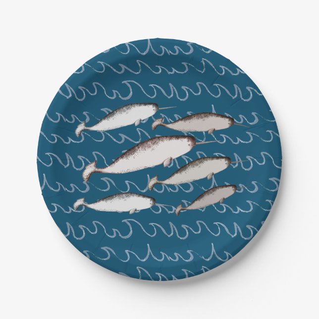 Narwhals Swim Waves Drawing Pattern Whale Blue Paper Plates (Front)