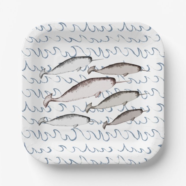 Narwhals Swim Waves Drawing Pattern Whale White Paper Plates (Front)