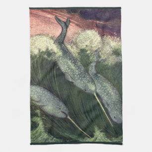 Narwhals, Vintage Marine Life Whales Ocean Animals Kitchen Towel
