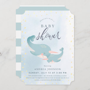 Narwhals Watercolor Blue Boy Baby Shower Invitation