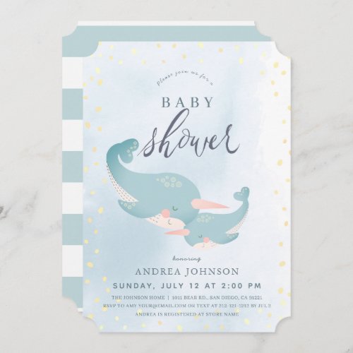 Narwhals Watercolor Blue Boy Baby Shower Invitation