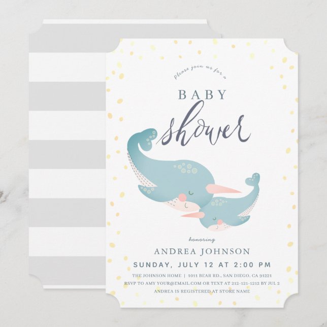 Narwhals Watercolor Gray Baby Shower Invitation (Front/Back)